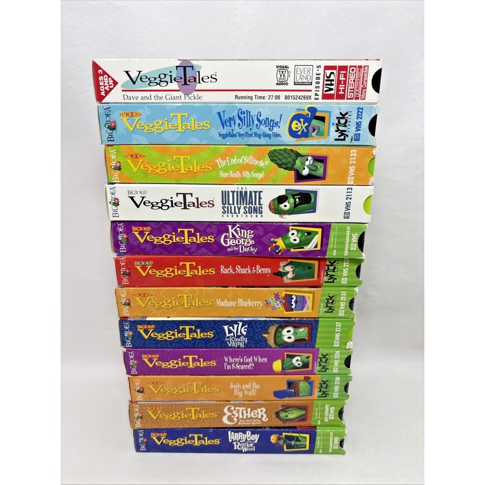Veggie Tales VHS Lot 12 90s Silly Songs Green Tapes Dave Pickle Sharing Vintage